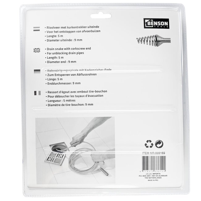 Benson Rioolveer - Flexibele en Sterke Ontstopper - 9 mm x 5 meter