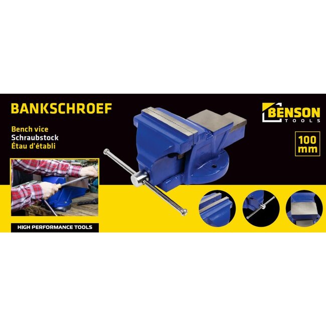 Benson Robuuste bankschroef - vaste basis - 100 mm klauw - massief aambeeld - blauw