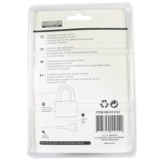 Stahlex Robuust hangslot - geharde beugel - waterbestendig - 70 mm - inclusief 4 sleutels