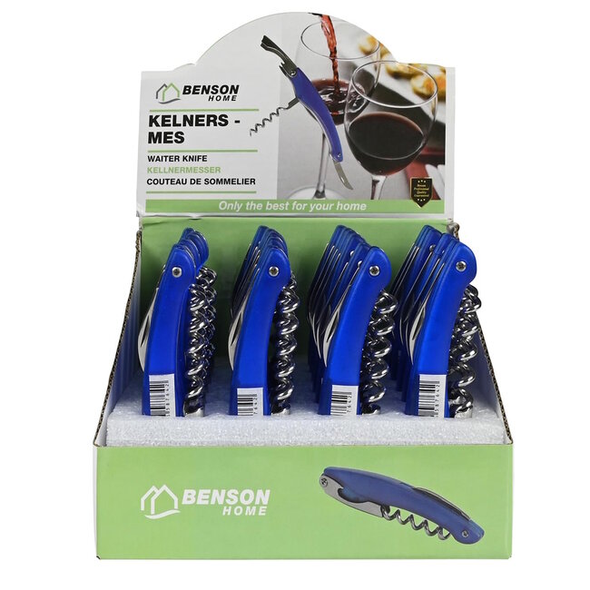 Benson Multifunctioneel kelnersmes - kurkentrekker en flessenopener - blauw - ergonomische grip