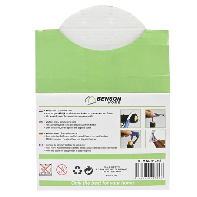 Benson Multifunctioneel kelnersmes - kurkentrekker en flessenopener - blauw - ergonomische grip