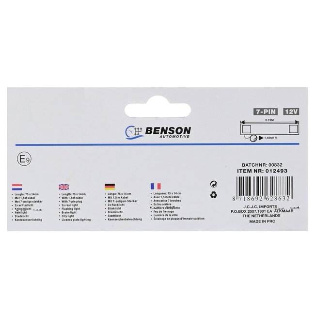 Benson LED verlichtingsbalk - 75 cm - 1,5 m kabel - 7-polige stekker - zwart