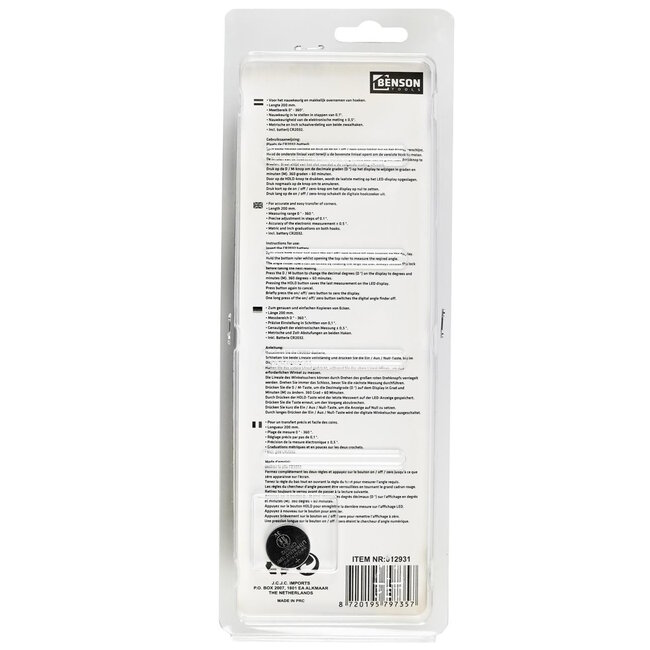Benson Instelbare digitale winkelhaak - 200 mm - 0°-360° meetbereik - inclusief batterij