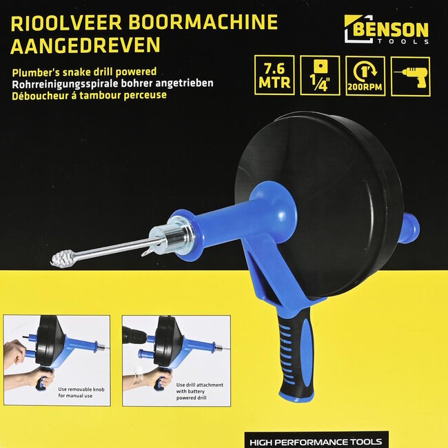 Hofftech Rioolveer - Boormachine Aangedreven - 7.6 Meter - Kurkentrekker Uiteinde - Sterk Pistool Handvat