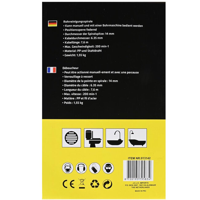 Hofftech Rioolveer - Boormachine Aangedreven - 7.6 Meter - Kurkentrekker Uiteinde - Sterk Pistool Handvat