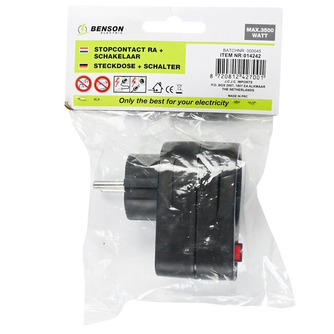Benson Doorvoerstekker - Schuko stopcontact - Schakelaar - Zwart - 3500W