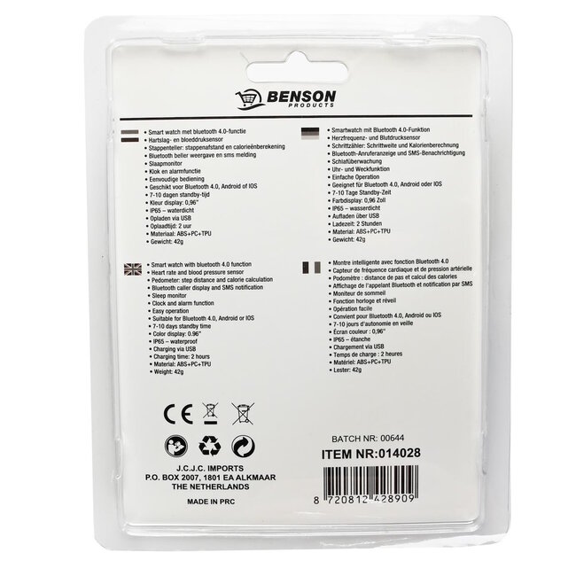 Benson Smartwatch - Smal - Hartslag- en bloeddruksensor - Stappenteller - IP65 - 0,96" display