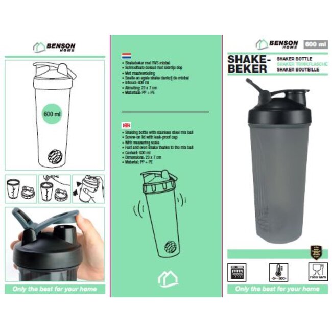 Benson Shakebeker - RVS Mixbal - Lekvrij - 600 ml - Slank Ontwerp