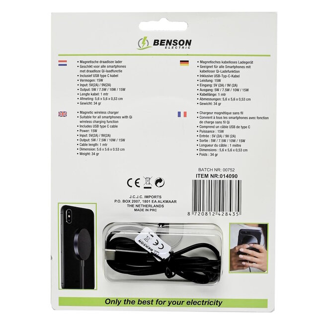 Benson Magnetische draadloze lader - 15W - compact en lichtgewicht - inclusief USB Type-C kabel