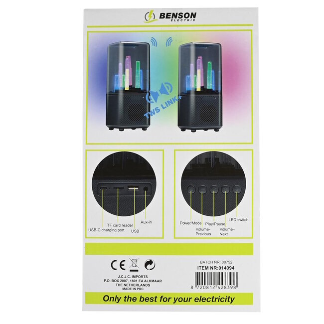 Benson Bluetooth luidspreker - Dansend licht - 3 uur muziek - 9 lichtmodi - Zwart