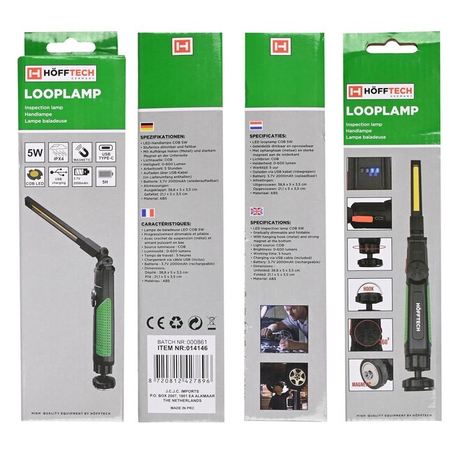 Hofftech Looplamp - COB 5W - Geleidelijk dimbaar - Oplaadbaar - Opvouwbaar - 600 lumen