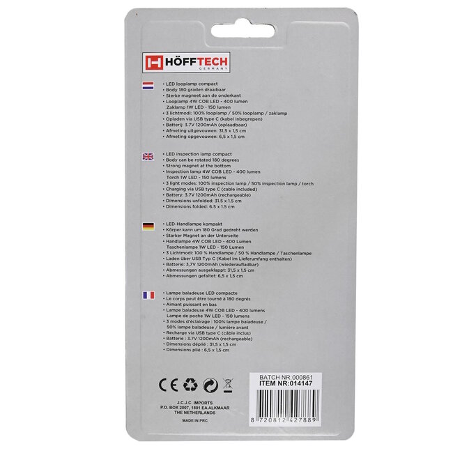 Hofftech Compacte oplaadbare looplamp - 400 lumen - 3 lichtmodi - 180 graden draaibaar - met magneet