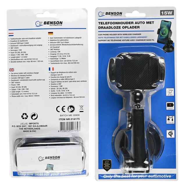 Benson Telefoonhouder auto met draadloze oplader - 360° rotatie - 15W snelladen - uitschuifbare arm