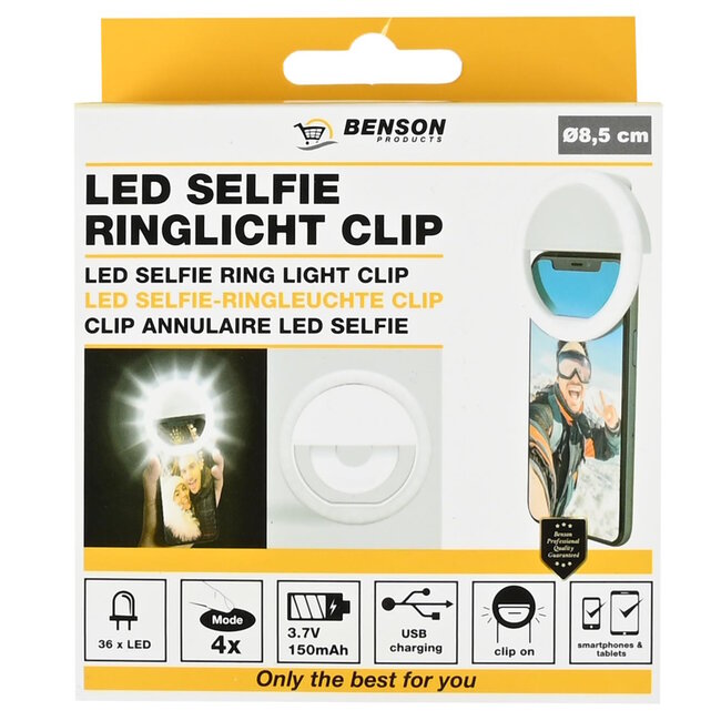 Benson LED selfie ringlicht - 36 LED's - 3 lichtstanden - oplaadbaar - clipbevestiging