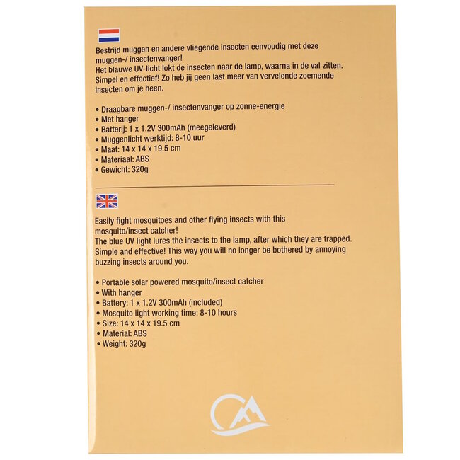 Benson Draagbare muggenlamp op zonne-energie - blauw UV-licht - binnen en buiten - 14x14x19.5 cm