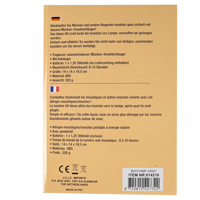 Benson Draagbare muggenlamp op zonne-energie - blauw UV-licht - binnen en buiten - 14x14x19.5 cm