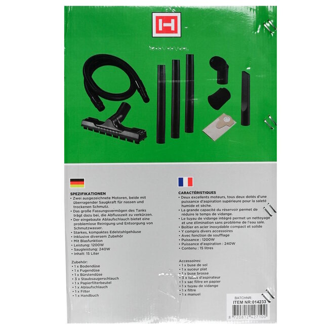 Benson Stofzuiger droog en nat - 1200W - 15 liter - 8-delig - RVS behuizing - met blaasfunctie