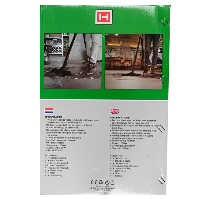 Benson Stofzuiger droog en nat - 1200W - 15 liter - 8-delig - RVS behuizing - met blaasfunctie