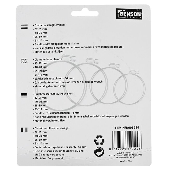Benson 4-delige set slangklemmen - Jumbo afmetingen - Bandbreedte 14 mm