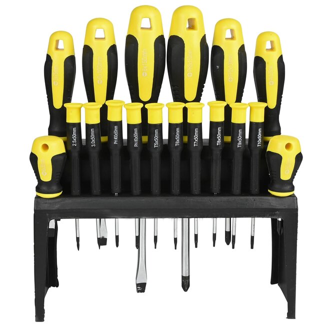 Benson 18-delige schroevendraaierset - magnetische punten - antislip handvat - wandhouder