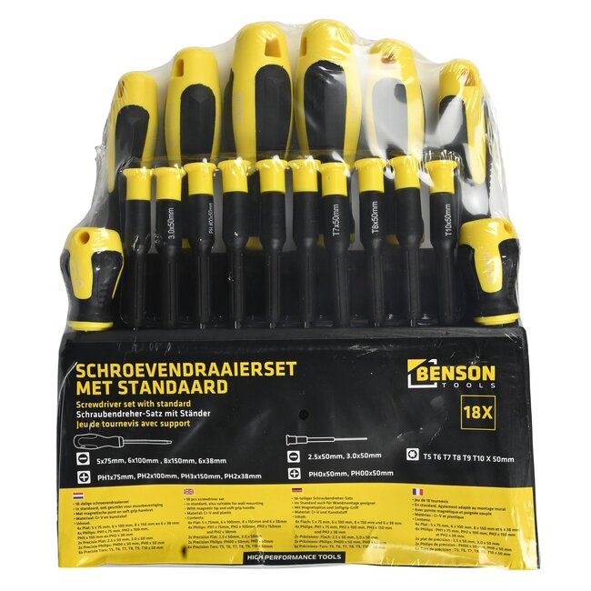 Benson 18-delige schroevendraaierset - magnetische punten - antislip handvat - wandhouder