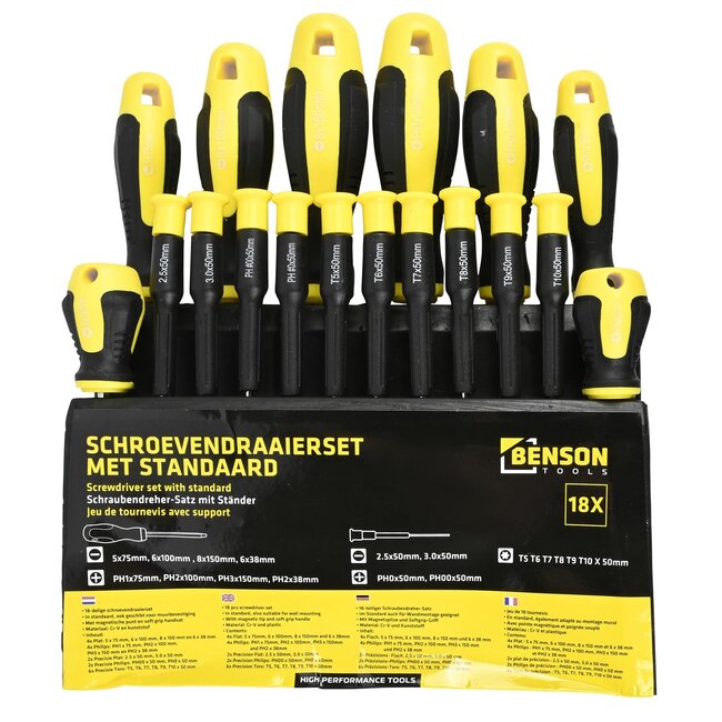 Benson 18-delige schroevendraaierset - magnetische punten - antislip handvat - wandhouder