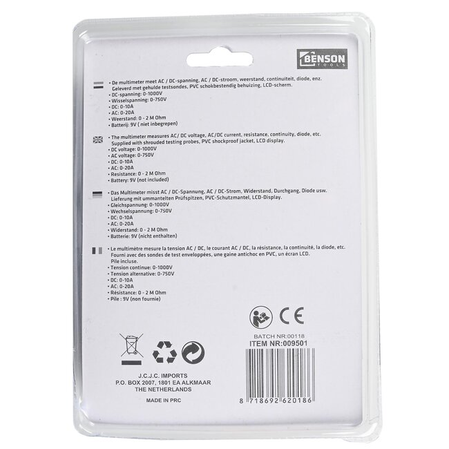 Benson Digitale multimeter - 19 meetbereiken - Universeel - Compact - Zonder batterij