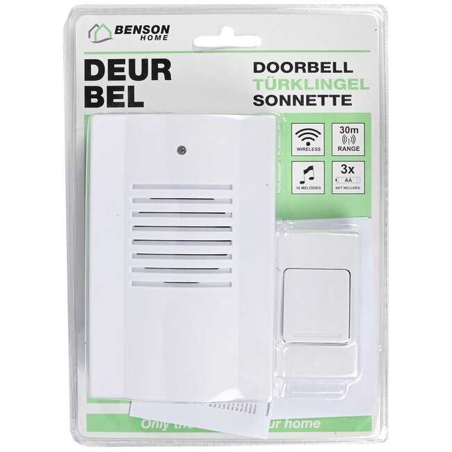 Benson Draadloze deurbel - 16 melodieën - 30 meter bereik - wit design