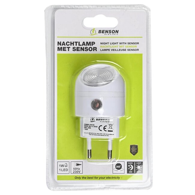 Benson Nachtlampje met sensor - 360° draaibaar - energiezuinig 1W - direct in stopcontact