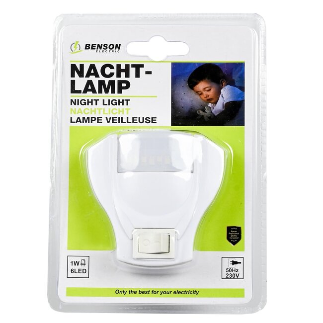 Benson LED nachtlampje - met schakelaar - helder wit licht - 220V - compact design