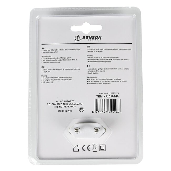 Benson LED nachtlampje - met schakelaar - helder wit licht - 220V - compact design