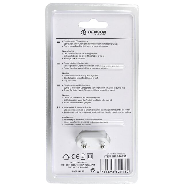 Benson Automatisch nachtlampje met sensor - 3 heldere LED's - energiezuinig - 230V - compact formaat