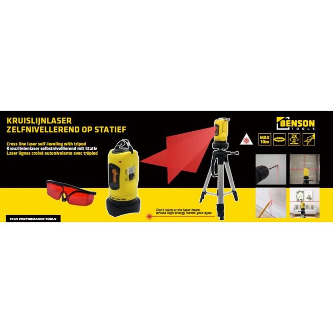 Benson Zelfnivellerende bouwlaser met kruislijn en statief - 10 meter bereik - 360 graden draaibaar - Inclusief opbergkoffer