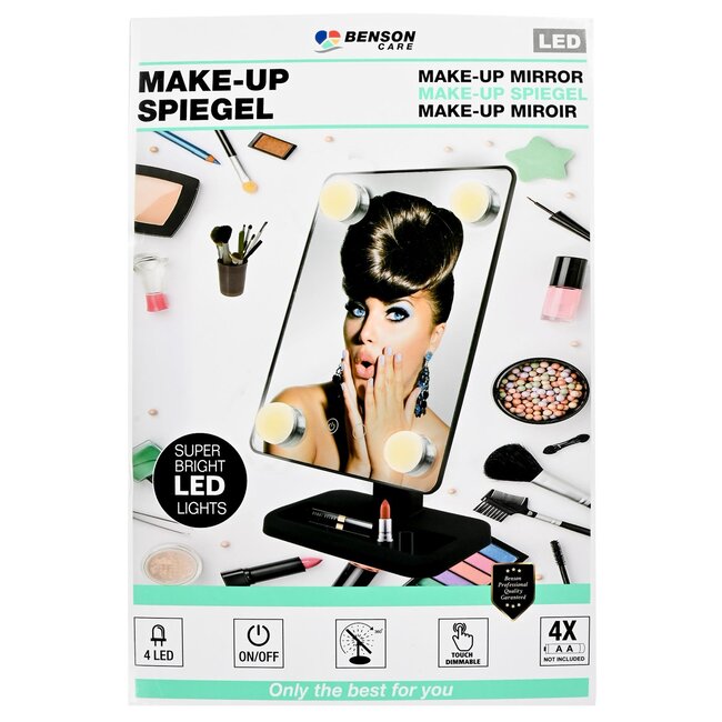 Benson Make-up spiegel - LED-verlichting - touch-schakelaar - 360° draaibaar - zwart - 30x18,5x12 cm