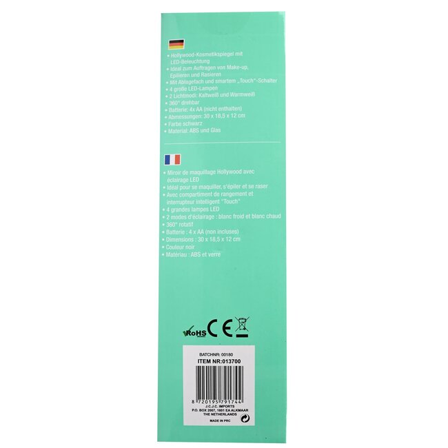 Benson Make-up spiegel - LED-verlichting - touch-schakelaar - 360° draaibaar - zwart - 30x18,5x12 cm