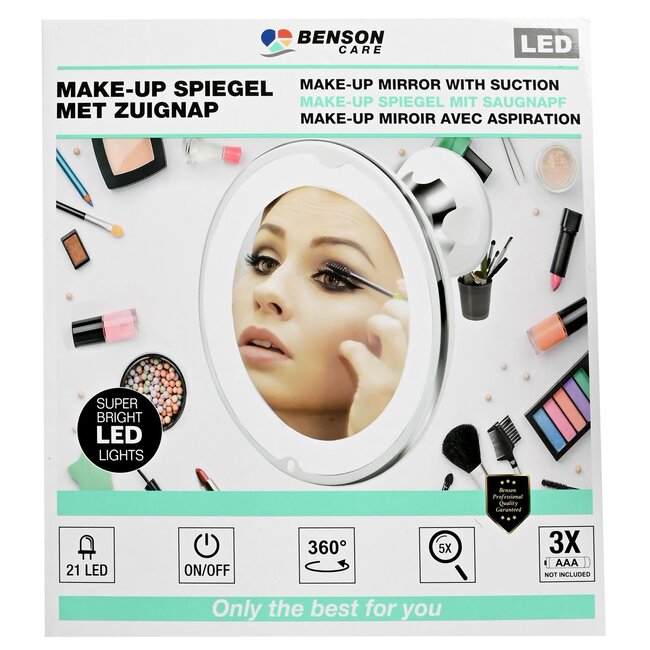 Benson LED make-up spiegel - 5x vergroting - heldere led-ring - sterke zuignap - wit - compact