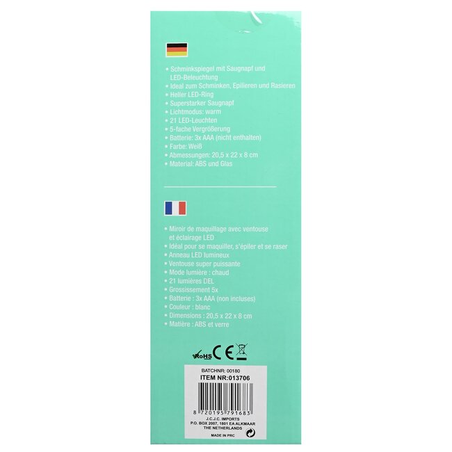 Benson LED make-up spiegel - 5x vergroting - heldere led-ring - sterke zuignap - wit - compact