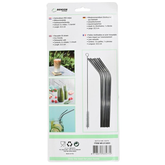 Benson RVS gebogen rietjes - herbruikbaar - vaatwasserbestendig - 22,5 cm - met reinigingsborstel