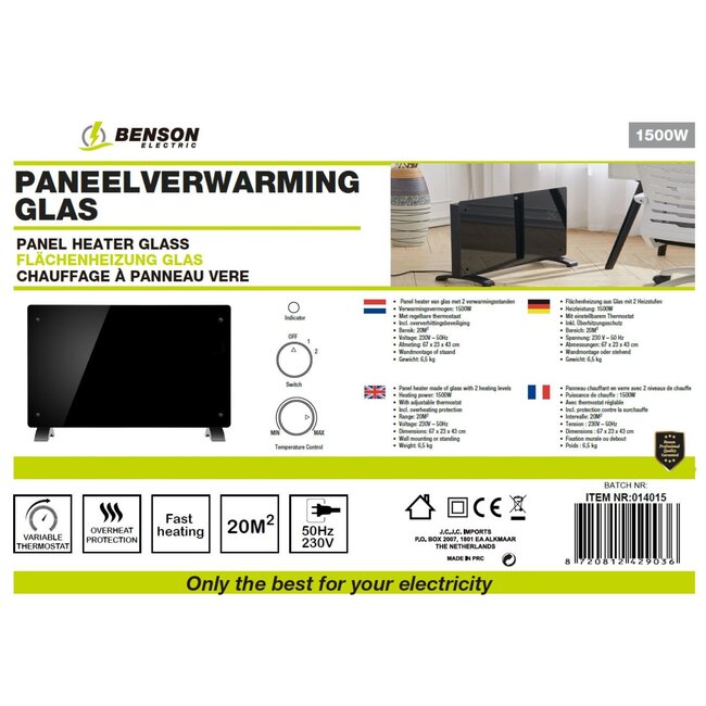 Benson Stijlvolle paneelverwarming - glas - 1500W - zwart - regelbare thermostaat - wandmontage of staand