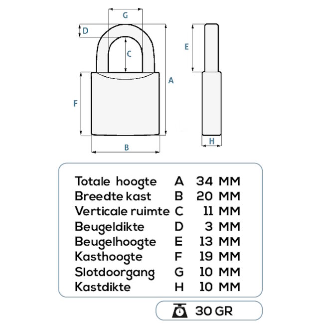 Stahlex Veelzijdig hangslot - 20 mm - veiligheidscategorie C - drie sleutels - geharde beugel