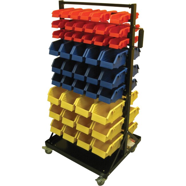 Dragon-Tools Onderdelenrek - staal en kunststof - verrijdbaar op zwenkwielen - 66 x 120 cm - geel/blauw/rood - 90-delig - werkplaats