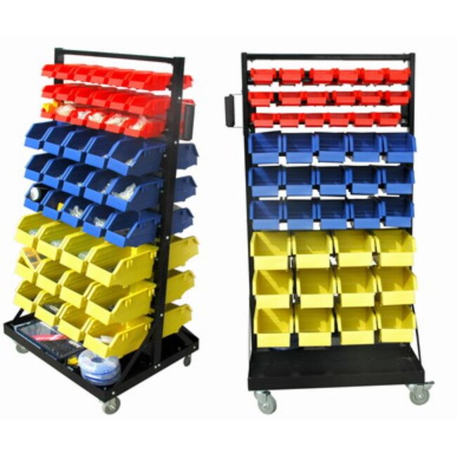 Dragon-Tools Onderdelenrek - staal en kunststof - verrijdbaar op zwenkwielen - 66 x 120 cm - geel/blauw/rood - 90-delig - werkplaats