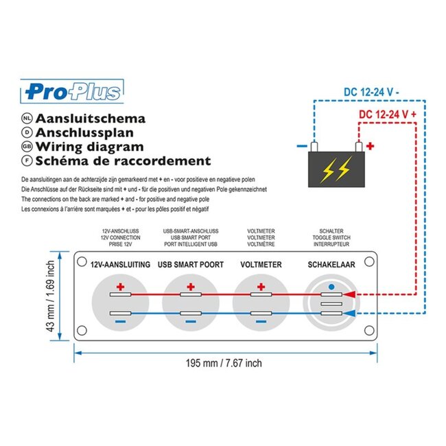 ProPlus Alles-in-één inbouw kit - voltmeter, USB-poorten en DIN - 4200mA - robuust ontwerp
