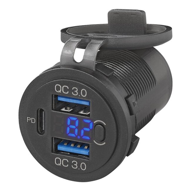 ProPlus USB-inbouwdoos met 3 poorten en voltmeter - Quick Charge 3.0 en Power Delivery - 12V-24V - met beschermend deksel
