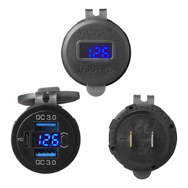ProPlus USB-inbouwdoos met 3 poorten en voltmeter - Quick Charge 3.0 en Power Delivery - 12V-24V - met beschermend deksel