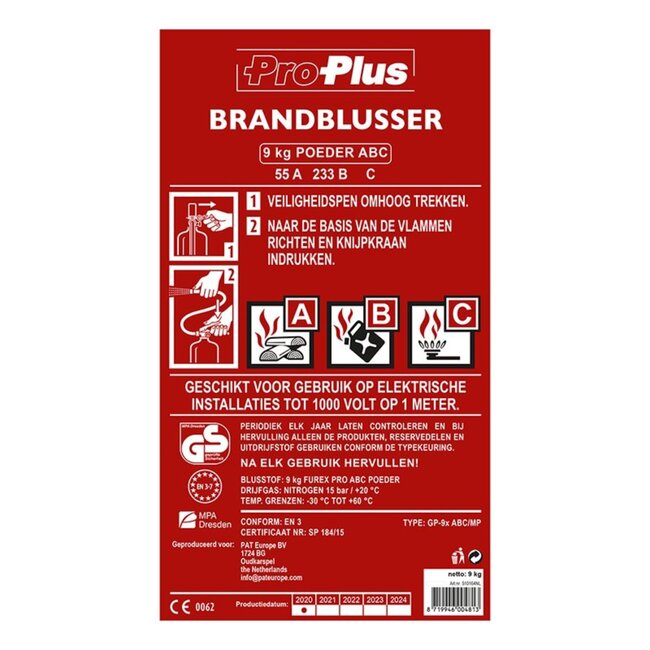 ProPlus 9kg ABC Poederbrandblusser - met manometer - vorstbestendig tot -20°C - geschikt voor elektrische installaties
