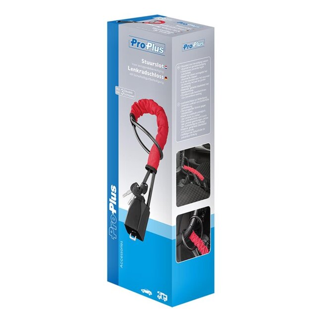 ProPlus Stuurslot met Gordelbevestiging - Gehard Staal - Inclusief 3 Sleutels - Rode Beschermhoes