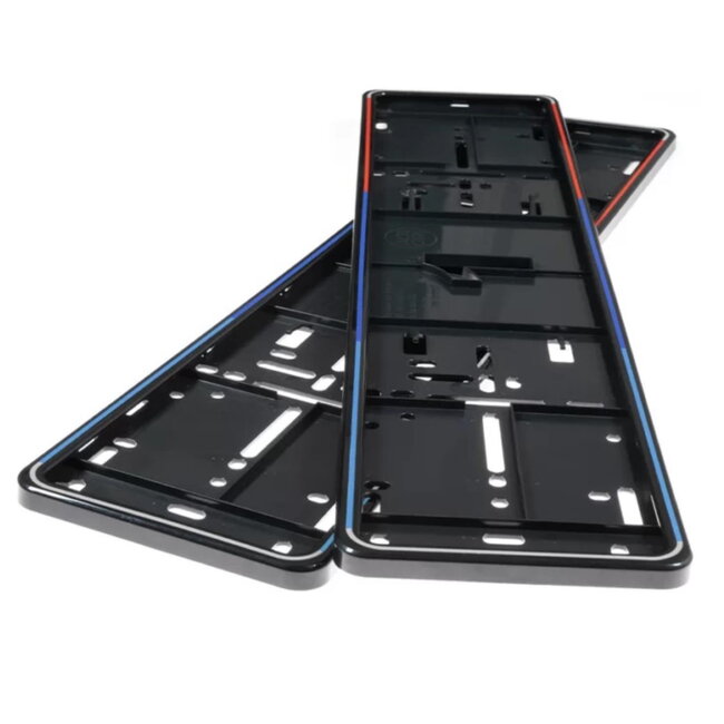 Alti Giri kentekenplaathouders - ABS plastic - motorsportstijl met kliksysteem - 52x11 cm - lichtblauw/blauw/rood - 2 stuks - auto