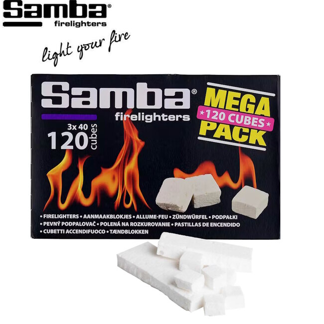 Samba Aanmaakblokjes - kerosine - snelle ontbranding - wit - 12 pakjes van 120 (1440 stuks) - barbecue, haard en kampvuur