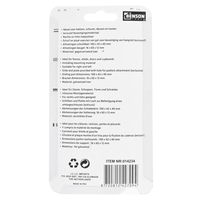 Benson Veilige en robuuste deurschuif - gegalvaniseerd ijzer - 100 mm